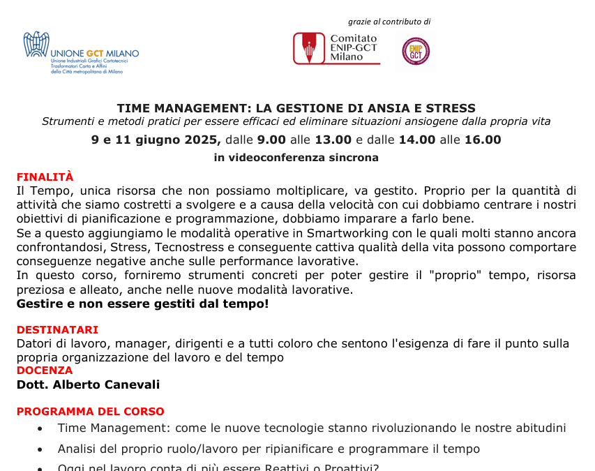 Corso online 9 e 11 giugno 2025 – Time management: la gestione di ansia e stress