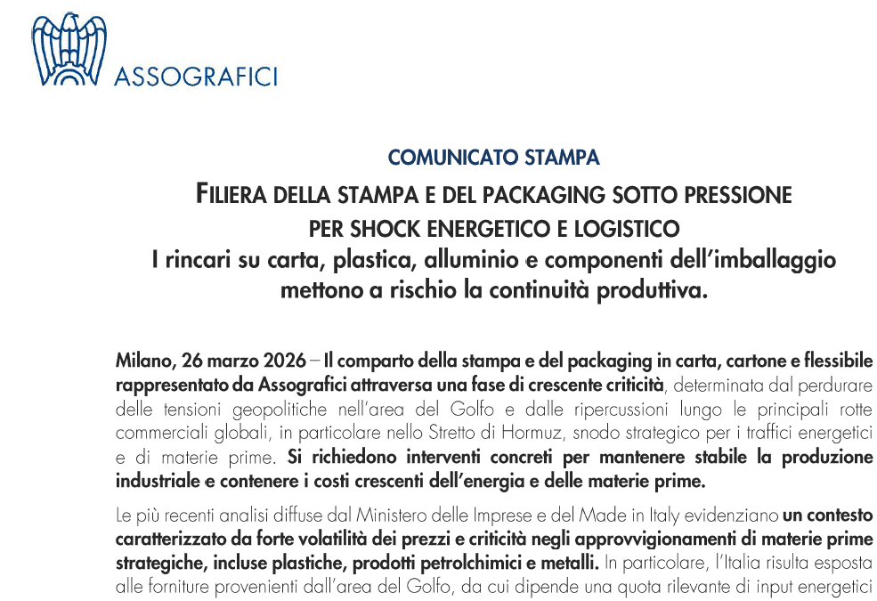 Filiera stampa e packaging sotto pressione per shock energetico e logistico